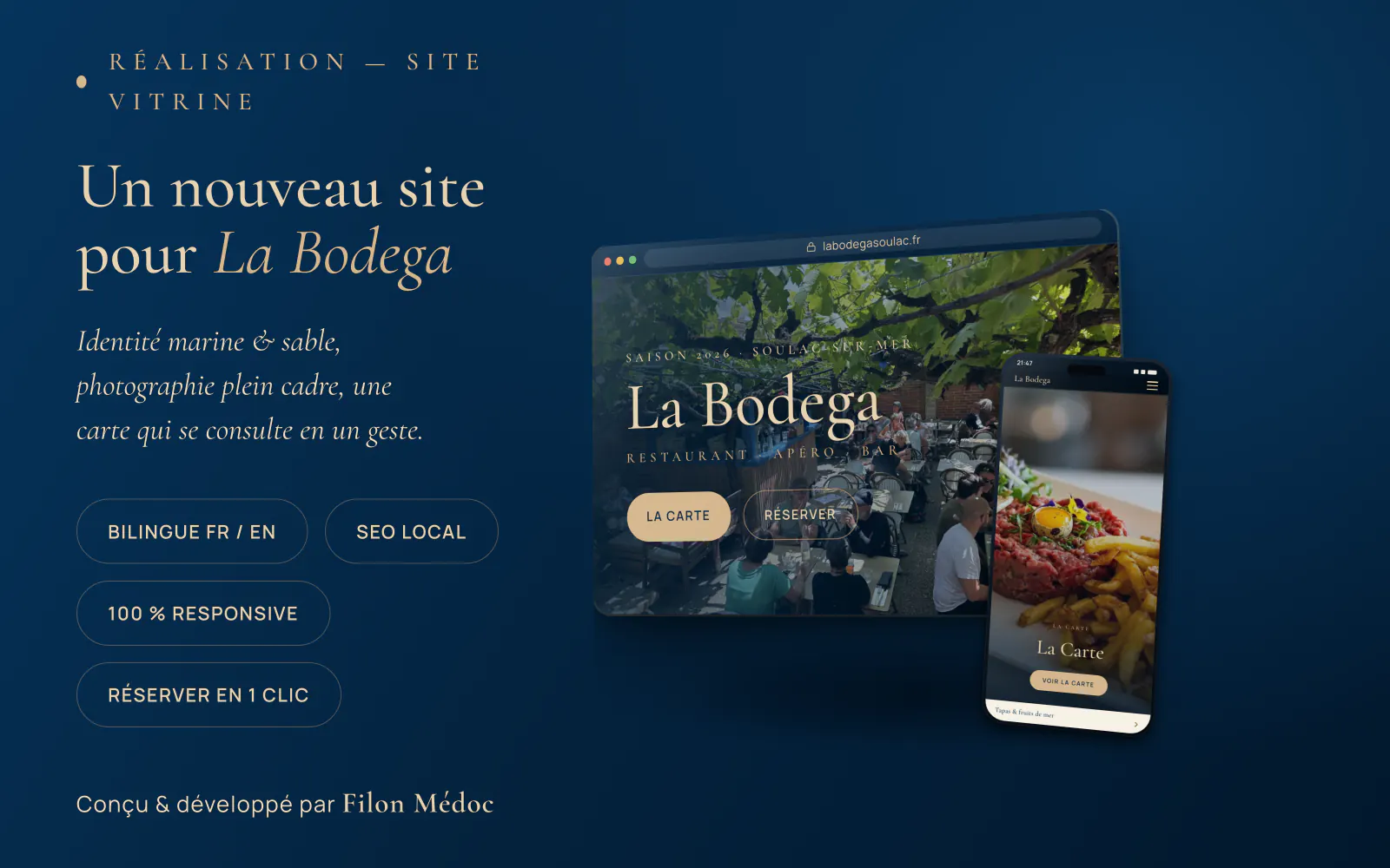 Le site labodegasoulac.fr affiché sur ordinateur et sur téléphone : page d'accueil sous la tonnelle et carte du restaurant