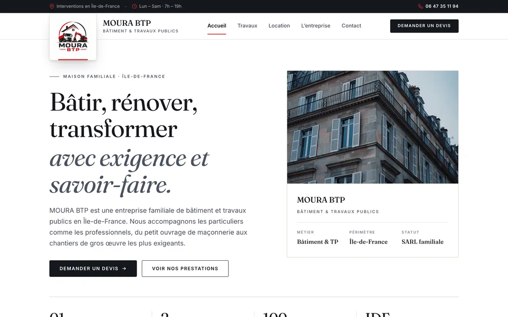 Le site mourabtp.fr affiché sur ordinateur et sur téléphone : page d'accueil et page d'une prestation de travaux