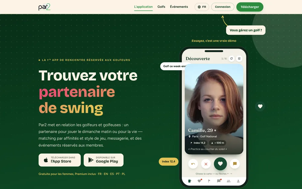 Le site golfpar2.com affiché sur ordinateur et sur téléphone : page d'accueil et annuaire des golfs